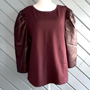 Ann Taylor Factory Maroon Blouse with Puff Faux Leather Sleeves